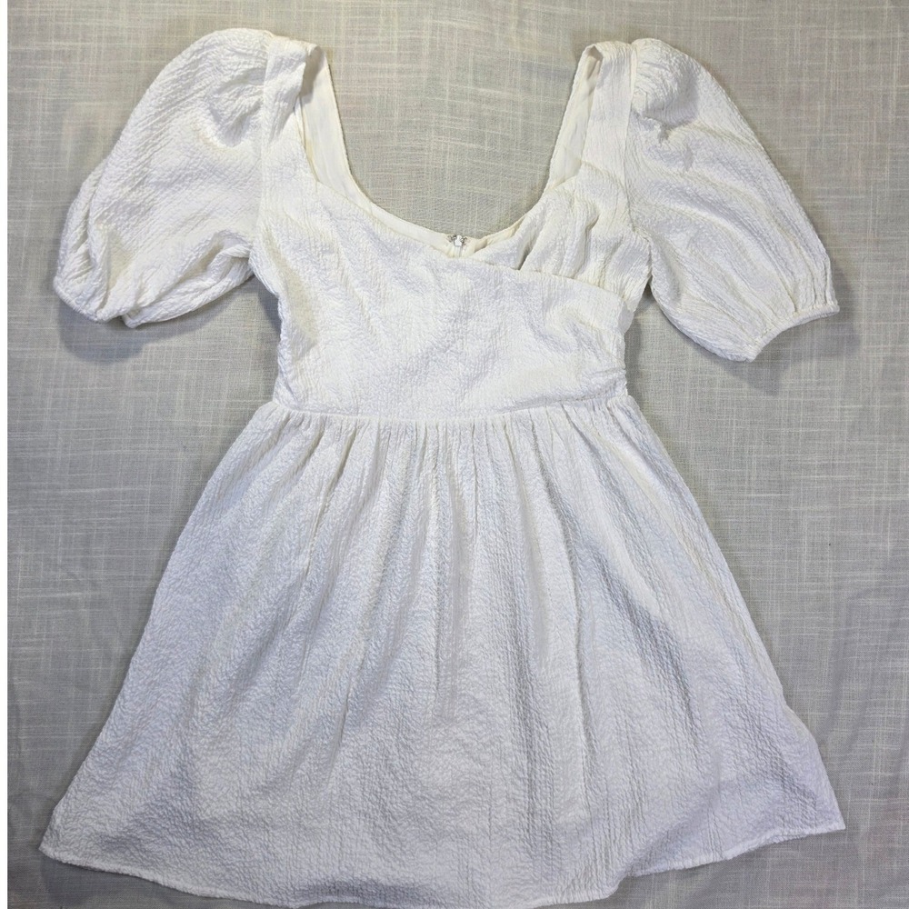 Lulus White Puff Sleeve Textured Mini Dress Crossover Bust Seersucker Small